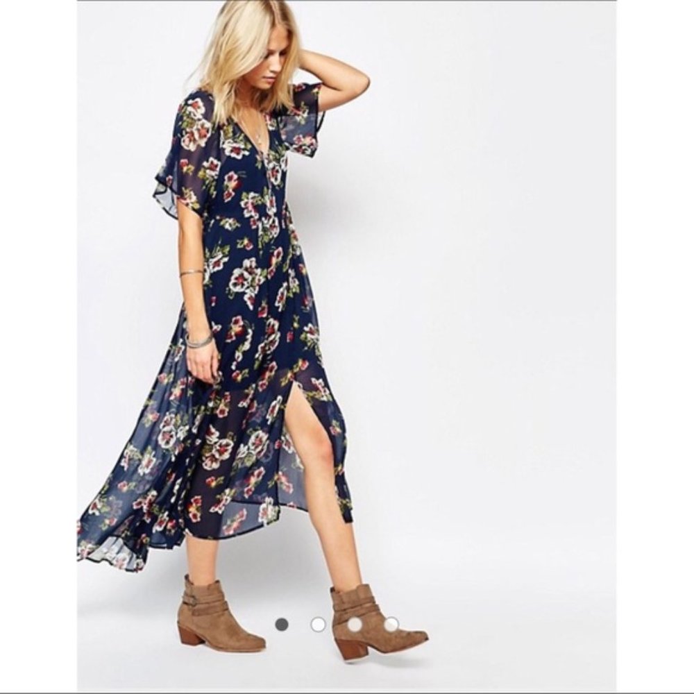 Abercrombie & Fitch Navy Blue Floral Maxi Slit Dress with Slip Flowy Hi-Low